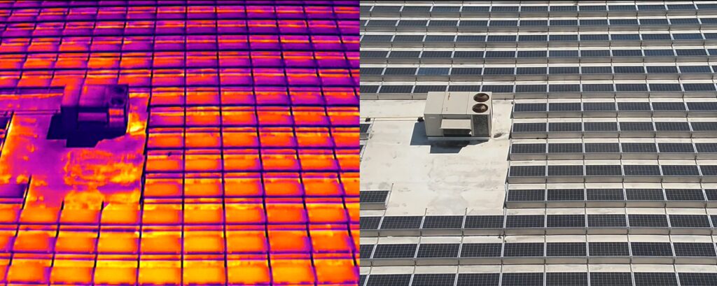 Rooftop with solar panels and HVAC unit in both visible and Thermal infrared images