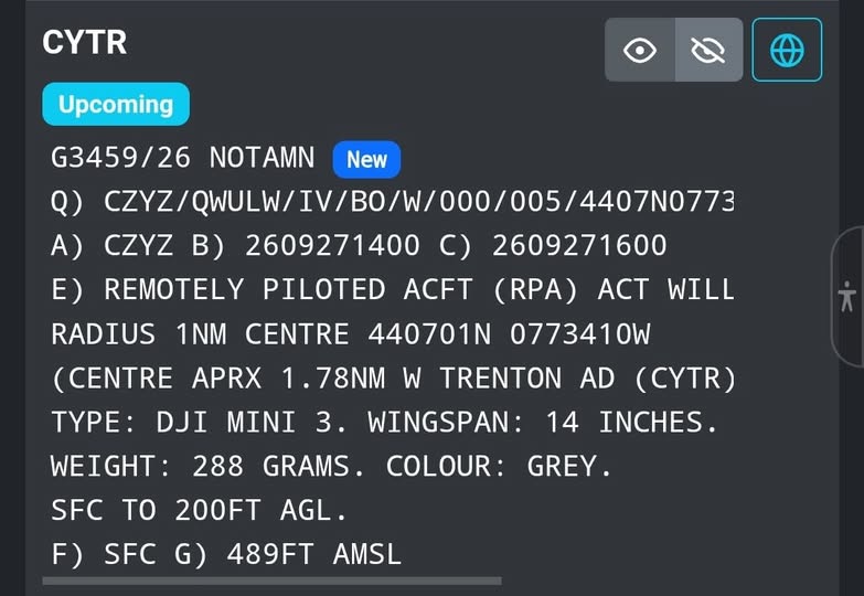 NOTAM for RPA flight 1.78NM from Trenton air base CYTR